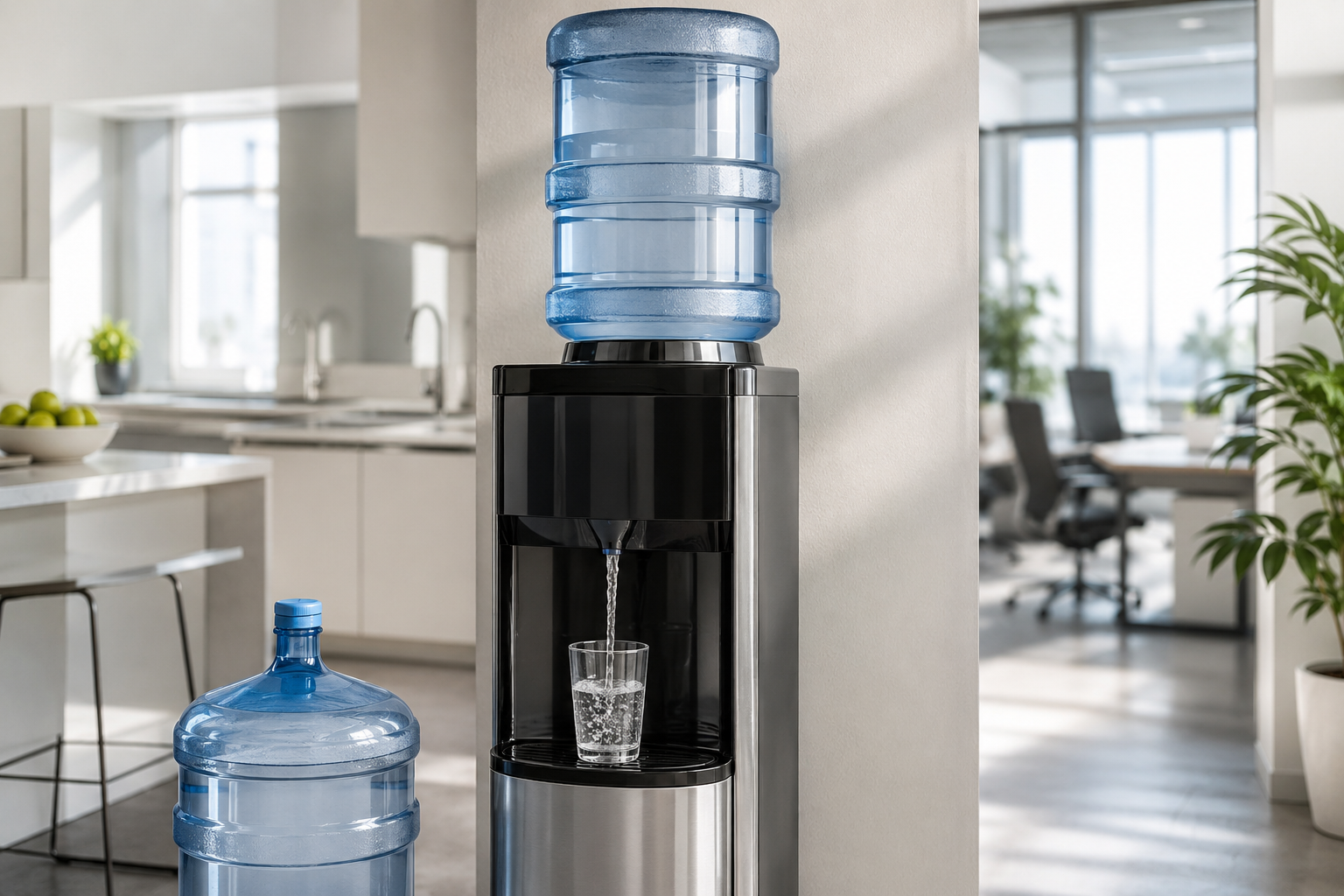 Countertop water cooler with blue bottle in a bright kitchen