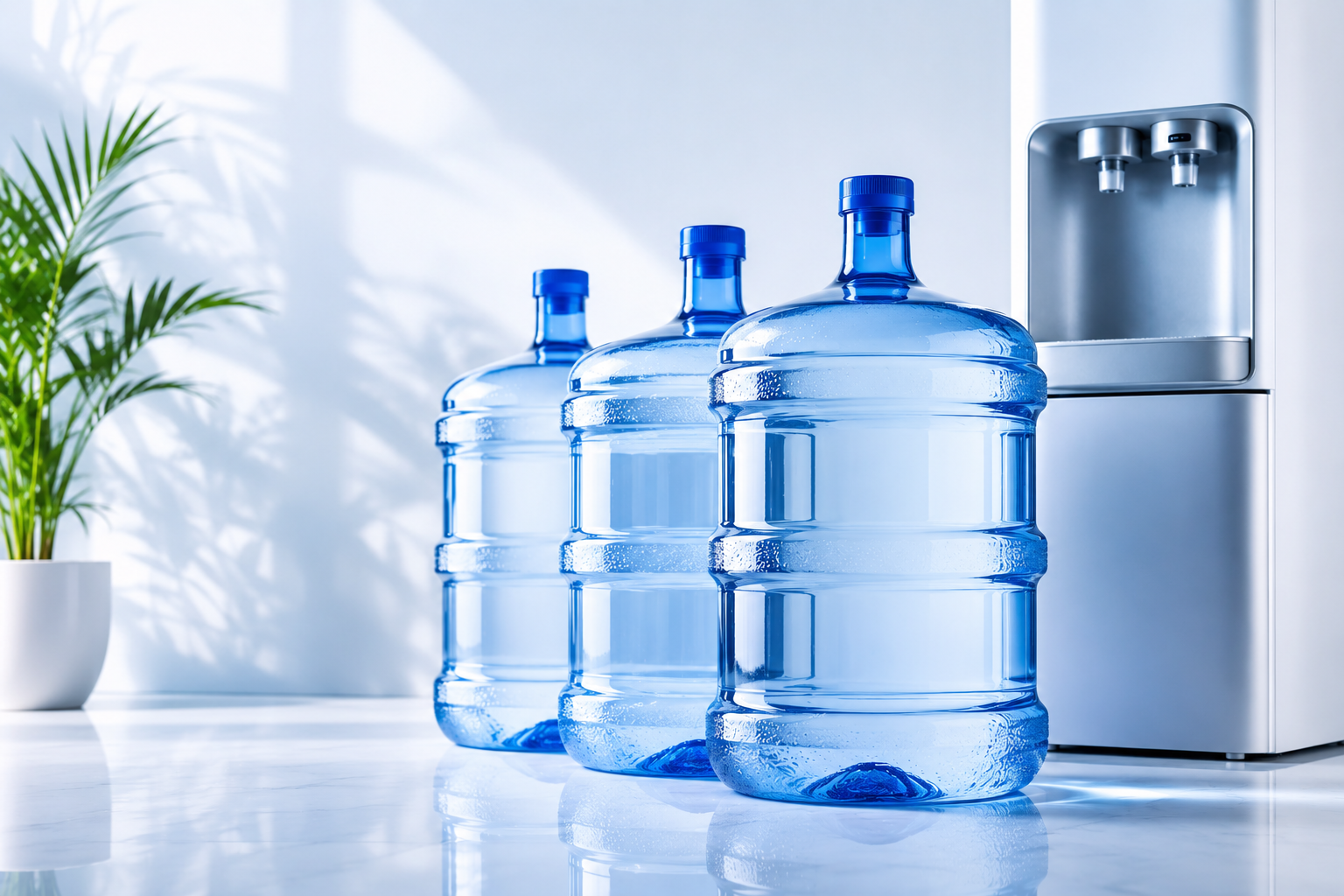 Three blue water jugs beside a silver cooler in a bright, clean room