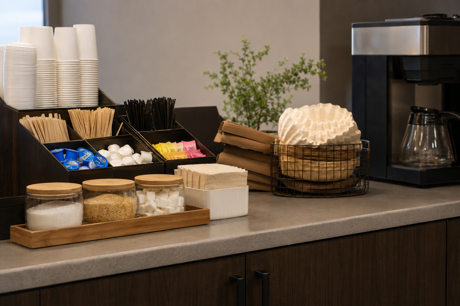 Coffee station with cups, condiments, and pastries on a countertop beside a coffee machine