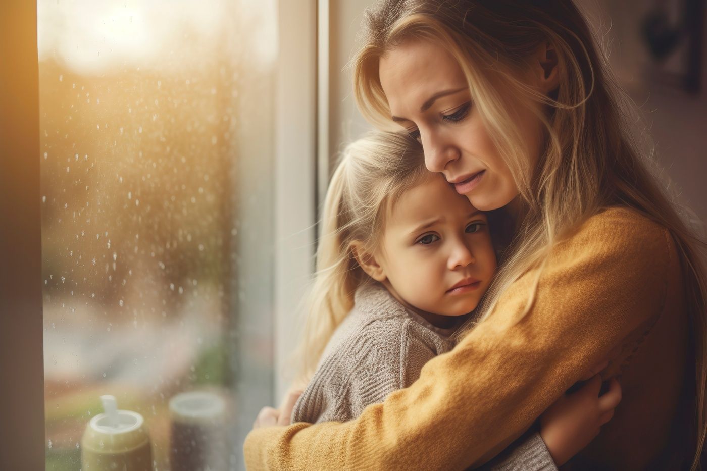 Woman holding a child by a rain-speckled window, both looking solemn and close together