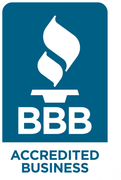 BBB Accredited Business logo in blue and white with flame icon and bold text
