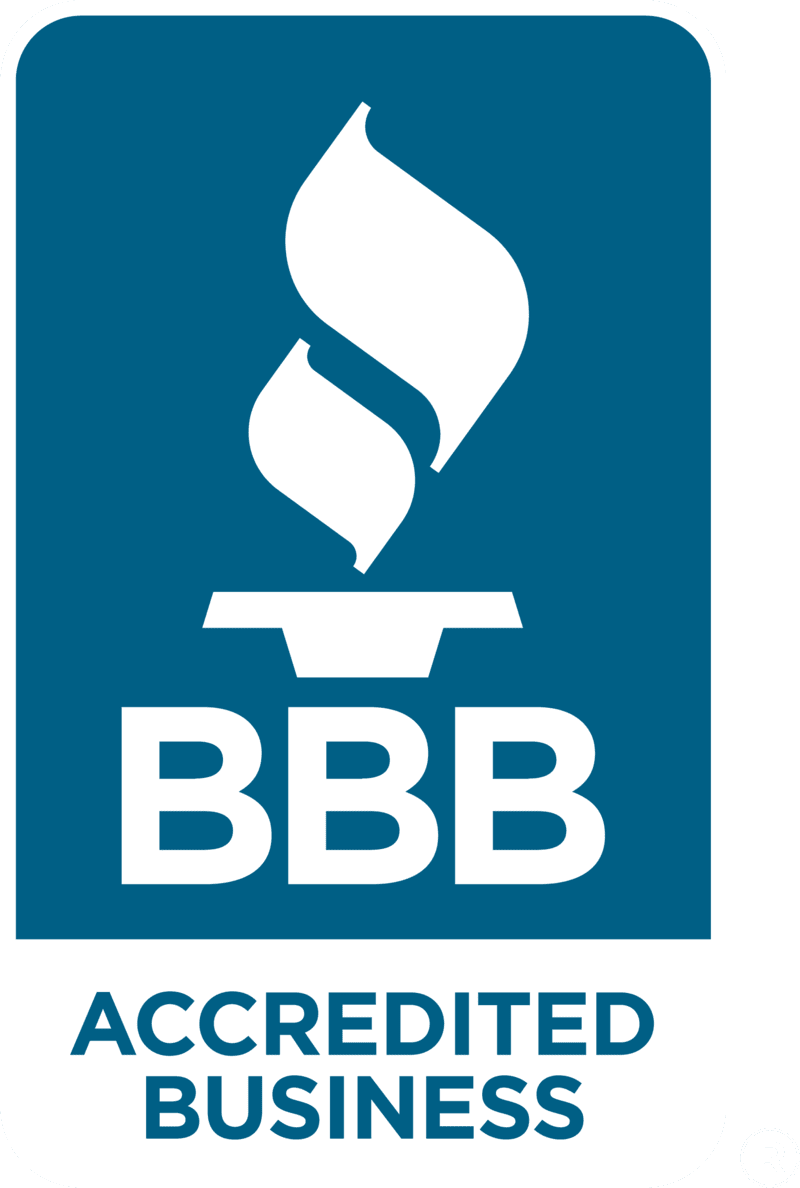BBB Accredited Business logo in blue and white with flame icon and bold text