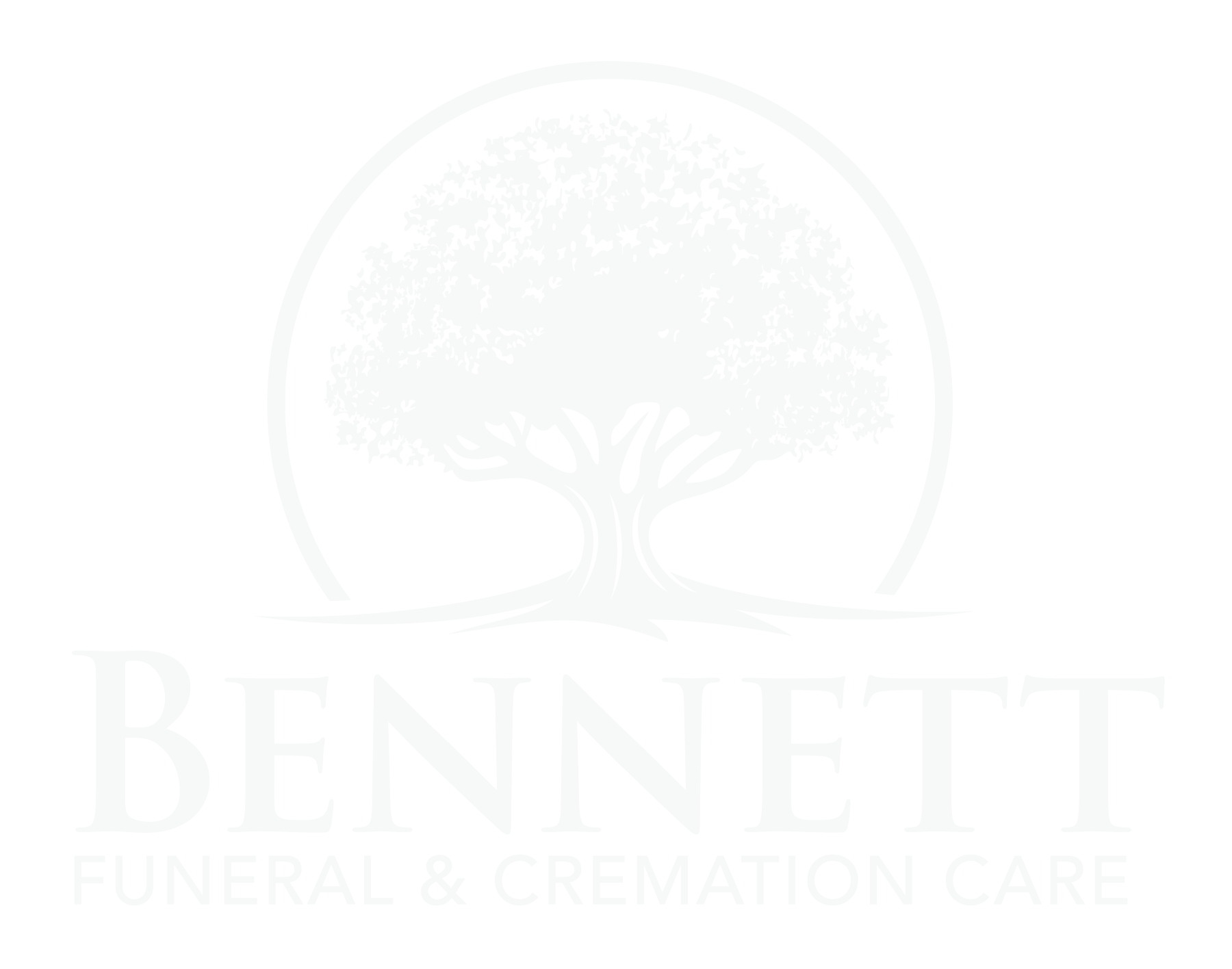 Bennett Funeral & Cremation Care logo with a white tree and pale gray text on a white background