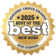 Gold “Readers Choice Awards” badge reading “2025 Best of the Best New Bern” with Sun Journal at bottom
