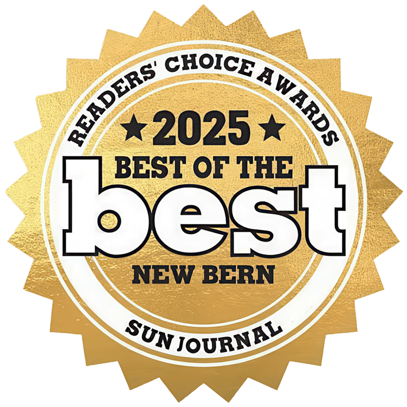 Gold “Readers Choice Awards” badge reading “2025 Best of the Best New Bern” with Sun Journal at bottom