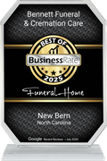 Bennett Funeral & Cremation Care award plaque, BusinessRate Best of 2025, New Bern, North Carolina