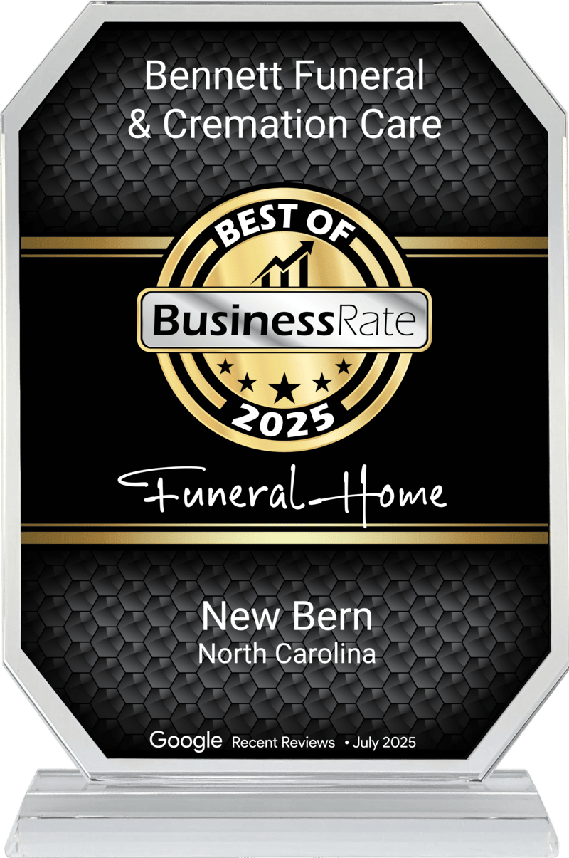 Bennett Funeral & Cremation Care award plaque, BusinessRate Best of 2025, New Bern, North Carolina