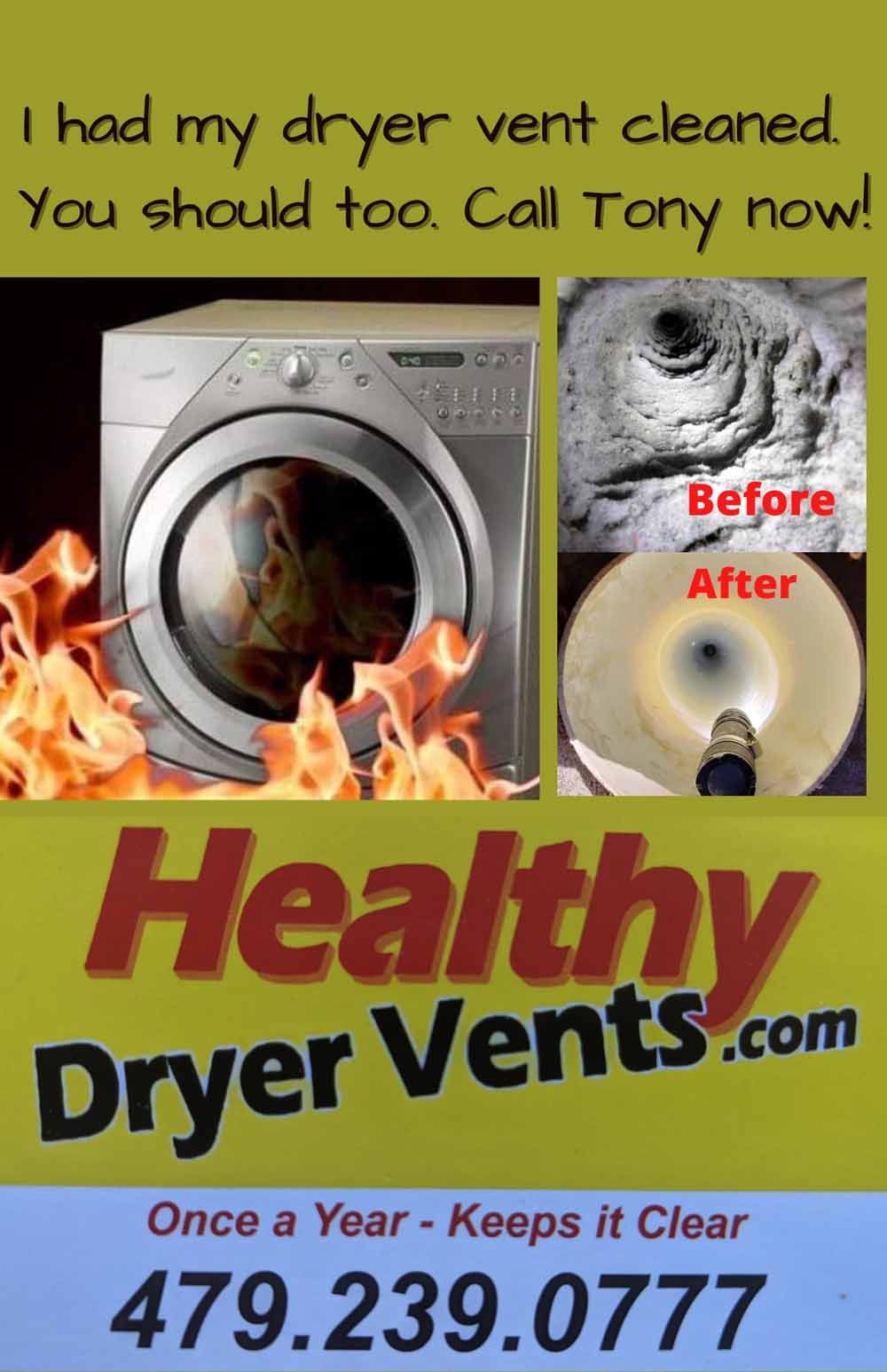Dryer vent cleaning ad with flaming dryer, before/after vent photos, and HealthyDryerVents.com contact info
