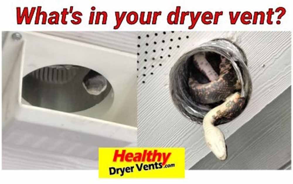 Split image of a dryer vent: one clean vent and one clogged with lint and debris.