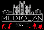 Logo di MEDIOLAN Service con skyline bianco e sagome rosse di lavoratori su sfondo nero