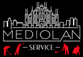 Logo di Mediolan Service con skyline stilizzato della cattedrale e sagome rosse di lavoratori su sfondo bianco