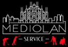 Logo di MEDIOLAN Service con skyline bianco e sagome rosse di lavoratori su sfondo nero