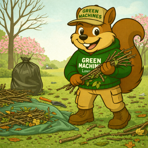 Squirrel mascot in a green hoodie and cap, gathering twigs outdoors near a trash bag.