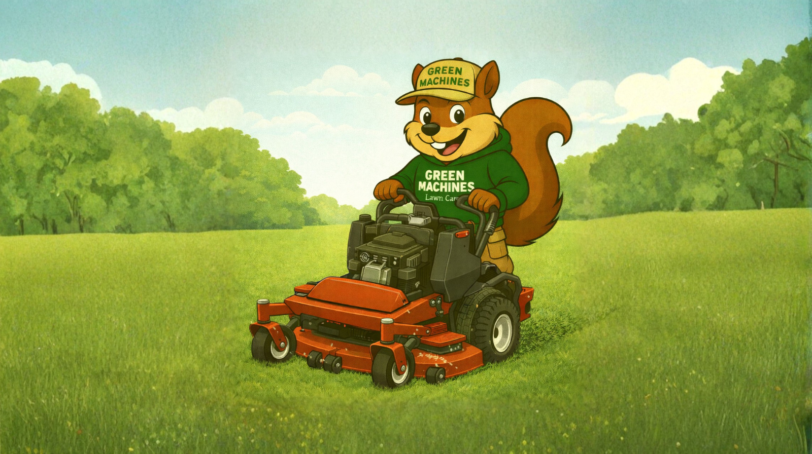 Squirrel mascot thumbs up, wearing Green Machines hat and sweatshirt, alongside 