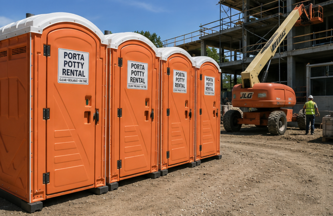 Orange portable toilets at a construction site beside a crane and dirt ground
