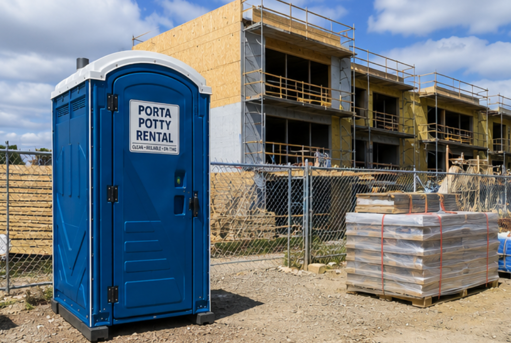 Blue portable toilet at a construction site with scaffolding and building materials nearby