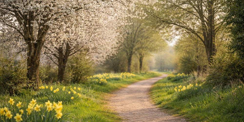 Trees blossoming with daffodils in the countryside with a path in the middle during Easter