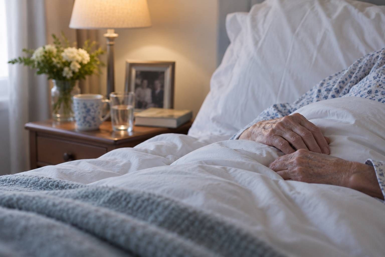 Elderly person resting in bed at home with their face out of view
