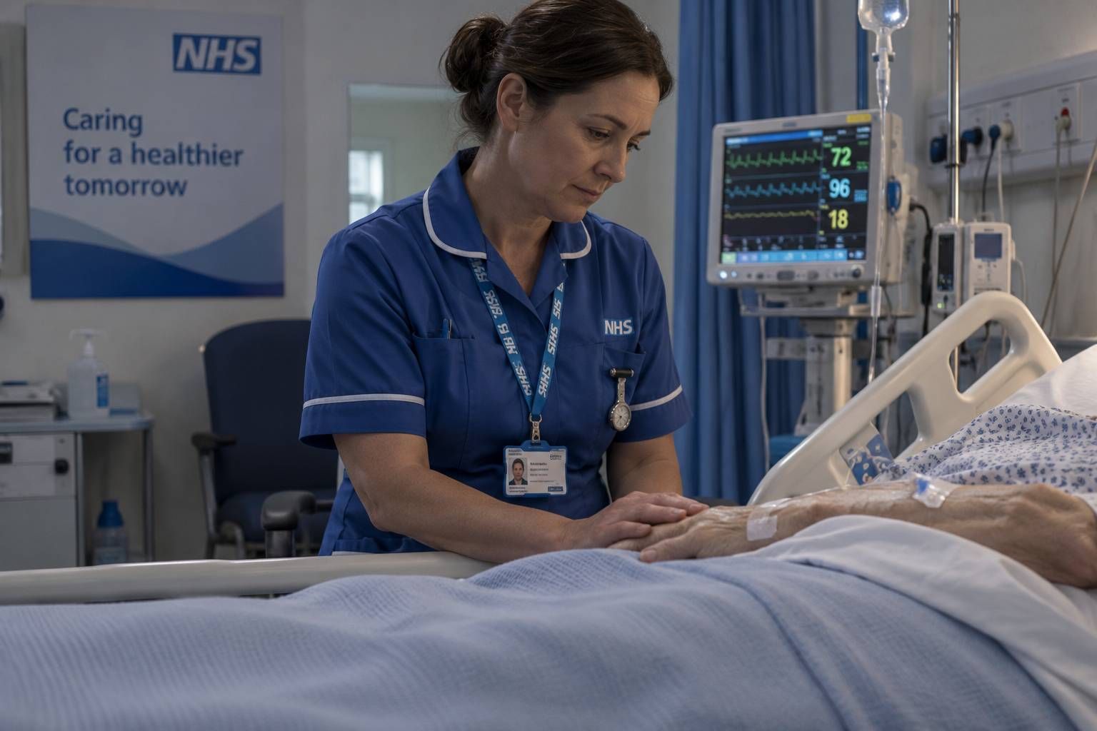 NHS nurse providing compassionate care to an elderly patient in a hospital bed