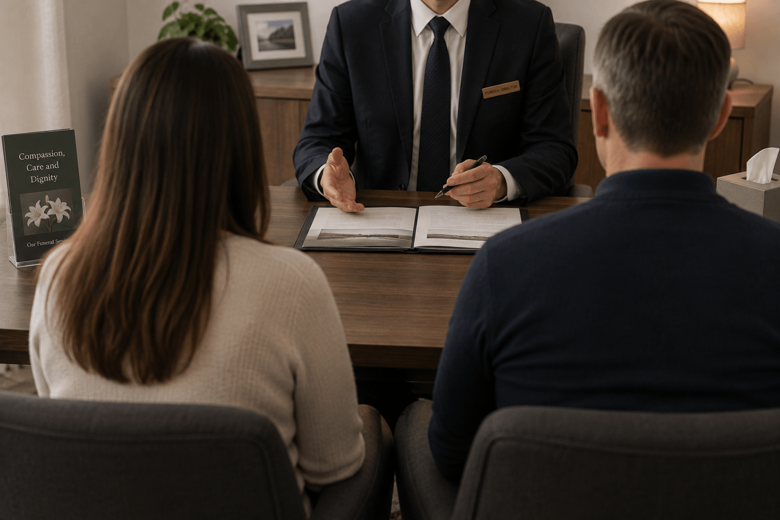 Couple meeting with a funeral director to discuss funeral arrangements