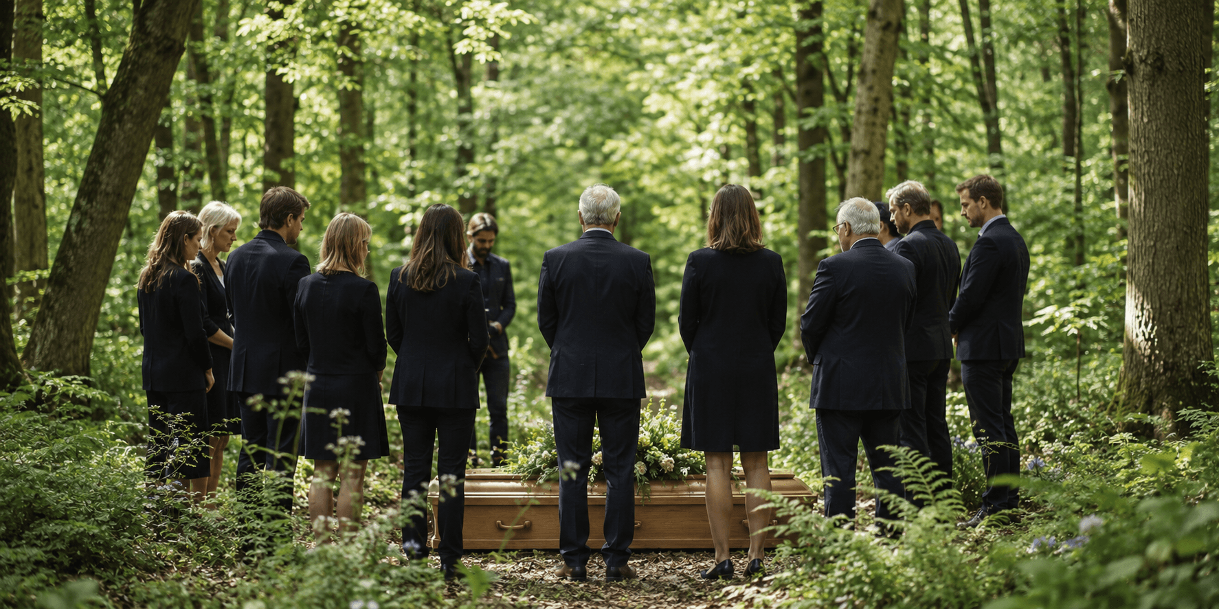 Family gathered at a woodland funeral in Somerset