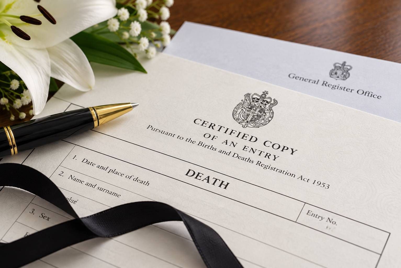 Death registration certificate with pen, black ribbon and white flowers