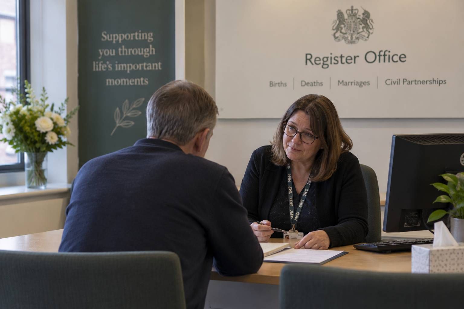 Bereaved man speaking with a registrar at a UK register office to register a death