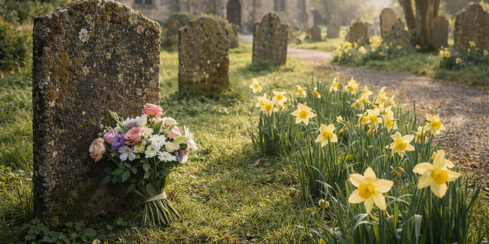 Spring flowers and flowers next to a gravestone in a church