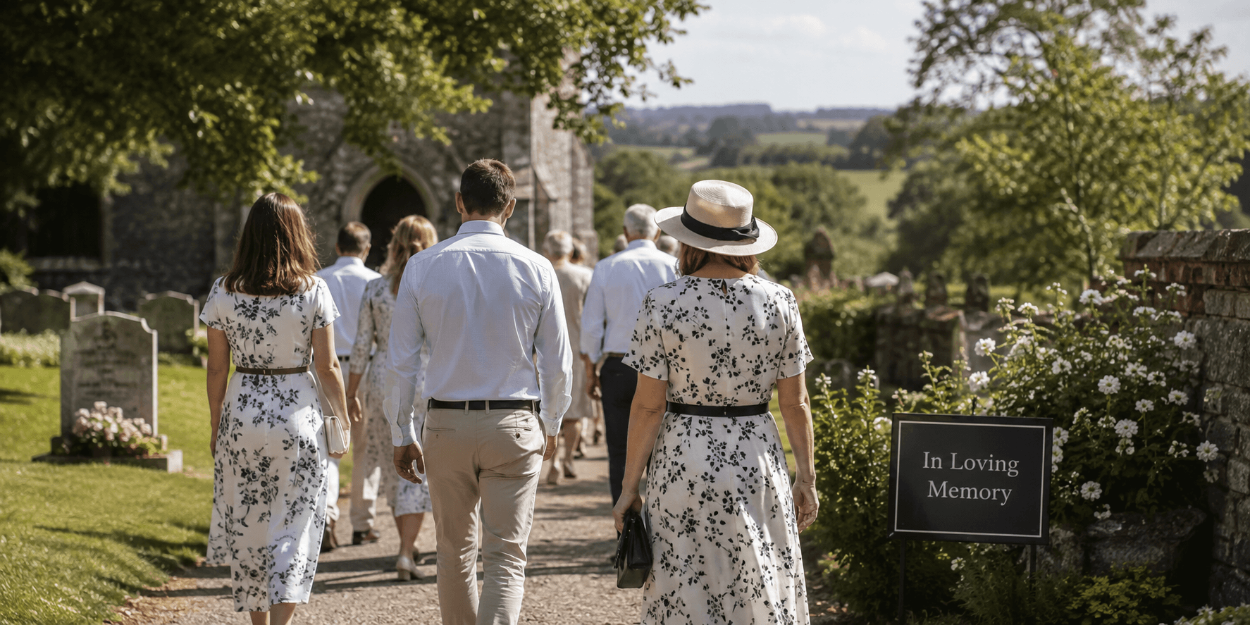 Guests attending a summer funeral in Somerset wearing respectful formal attire