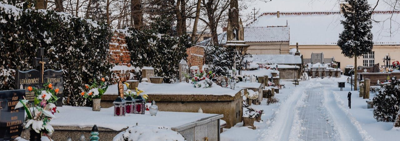 A snowy cemetery
