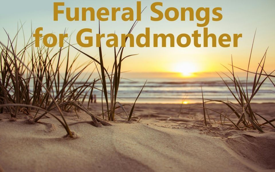 Beach with a close up on blades of grass with the words 'funeral songs for grandmother' at the top