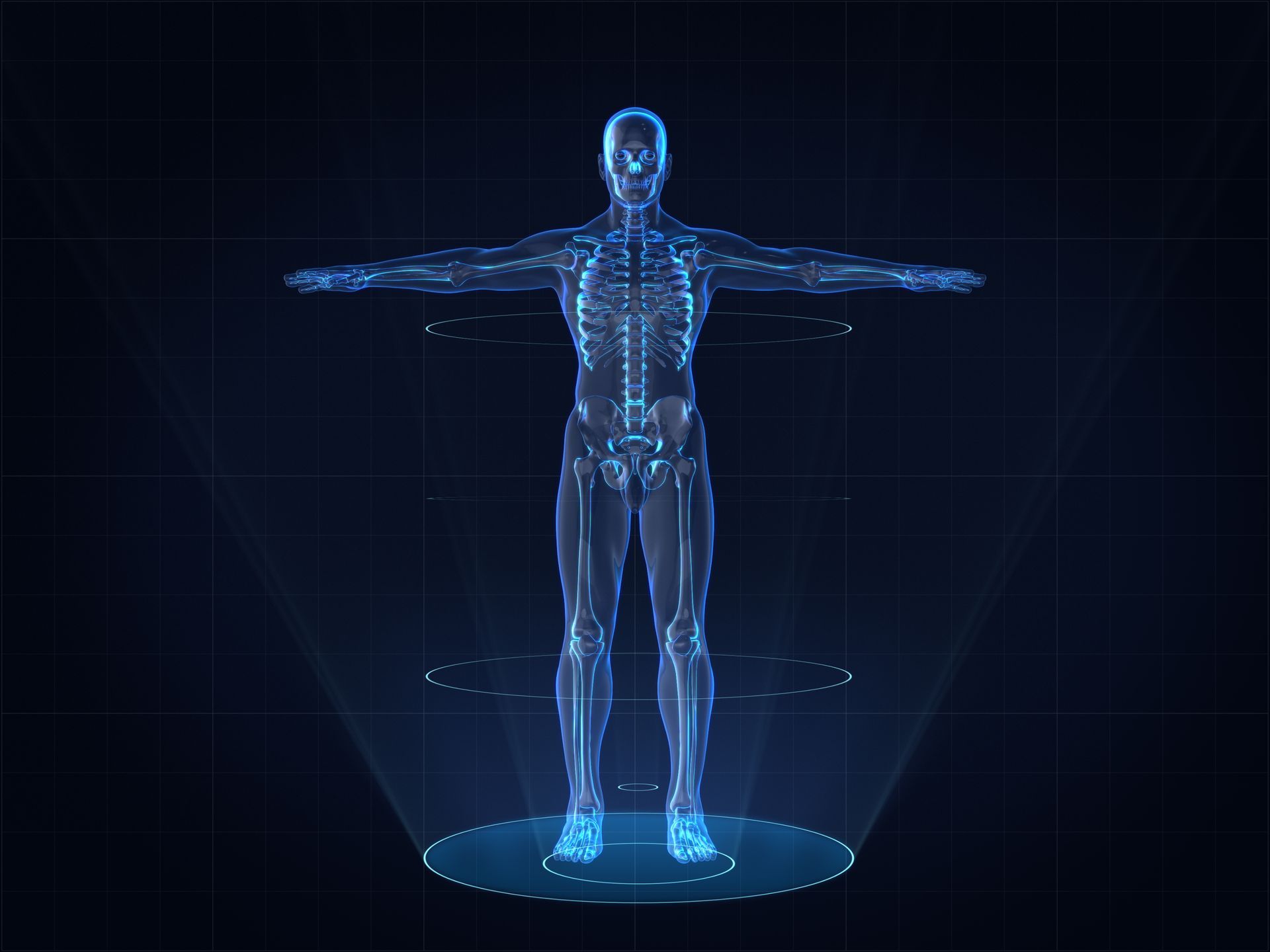 Blue holographic human figure in T-pose on a dark futuristic background
