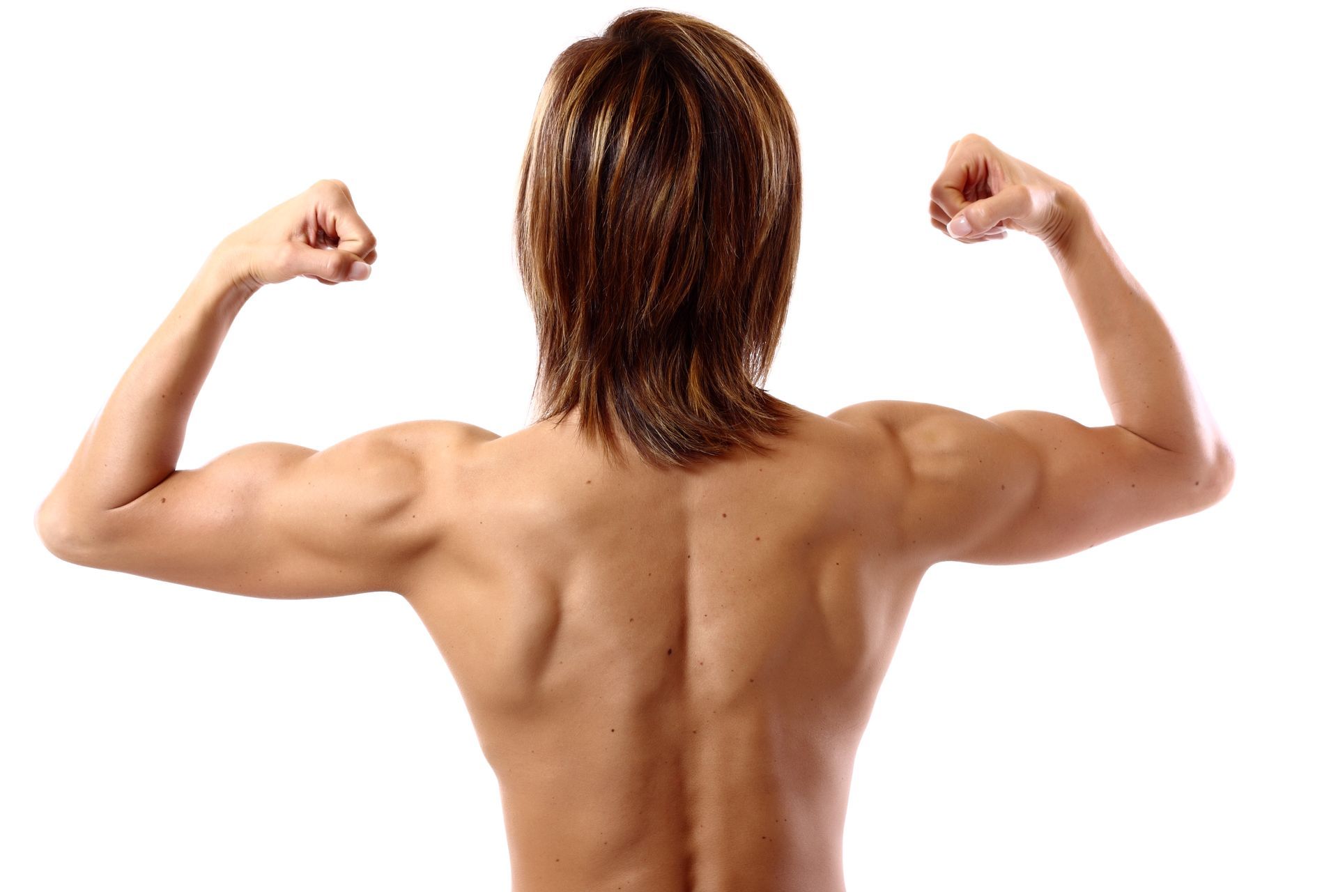 Person flexing back and arm muscles, seen from behind on a white background Person flexing back and arm muscles, seen from behind on a white background