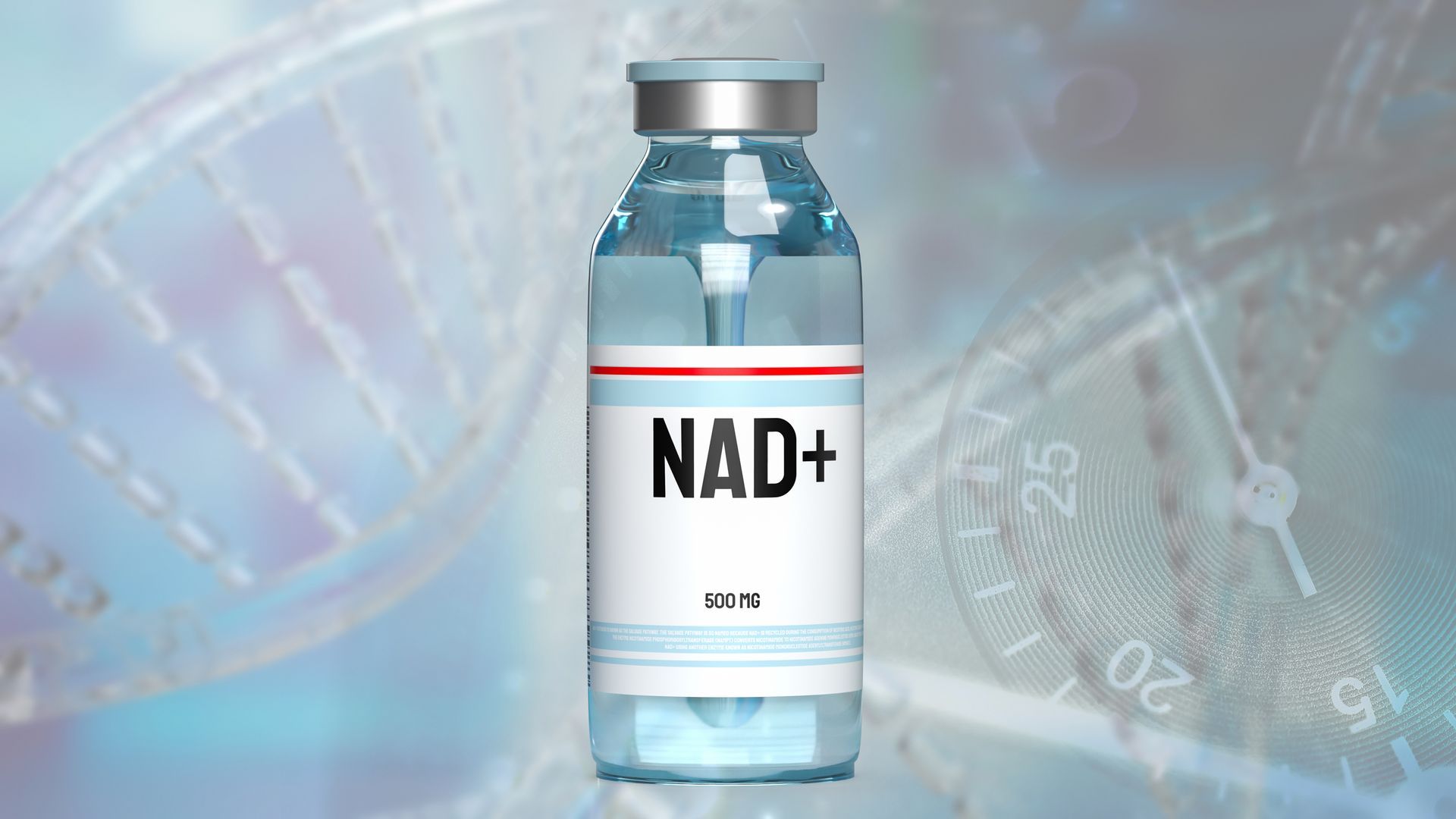 NAD+ supplement vial with silver cap on a blue medical-style background NAD+ supplement vial with silver cap on a blue medical-style background