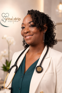 Nurse in white coat with stethoscope smiling in a bright clinic, Vital Drip logo in background