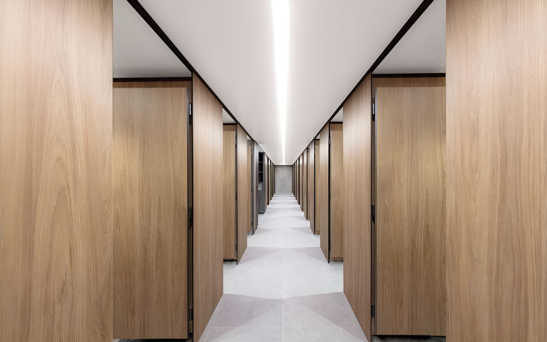 A hallway of wooden toilet partitions — The Right Toilet Co In Melbourne, NSW