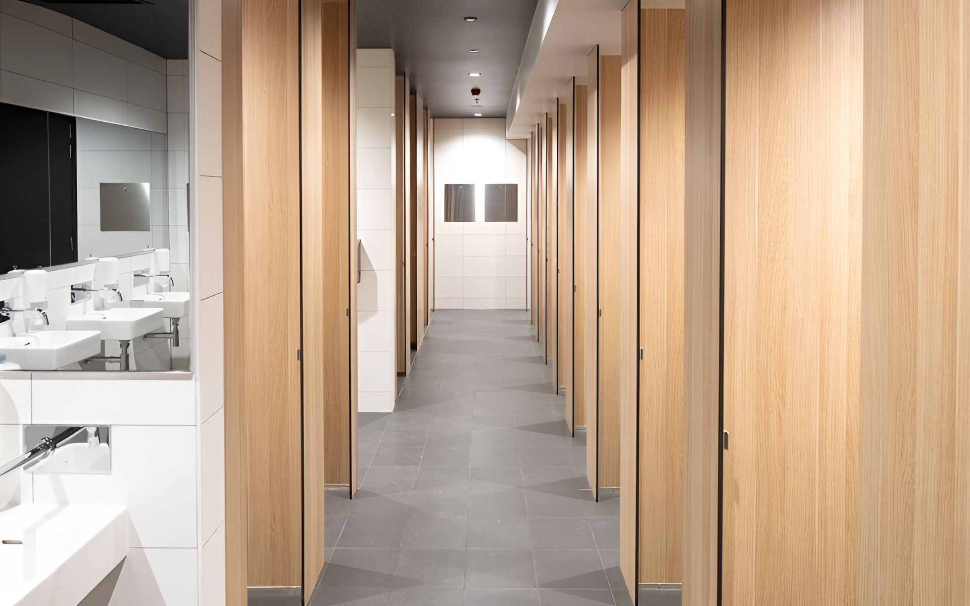 A Public Restroom With Wooden toilet partitions — The Right Toilet Co In Melbourne, NSW