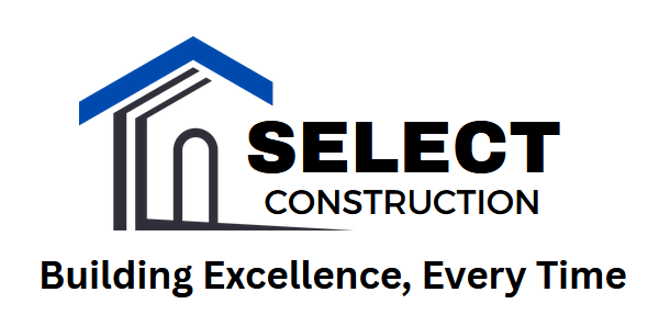 Select Construction logo: Blue roof over a house outline, with