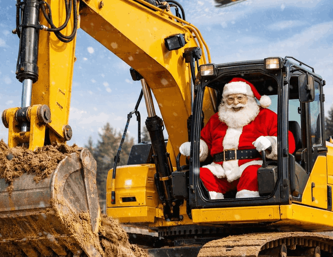 Santa Claus driving a yellow excavator in a snowy setting.