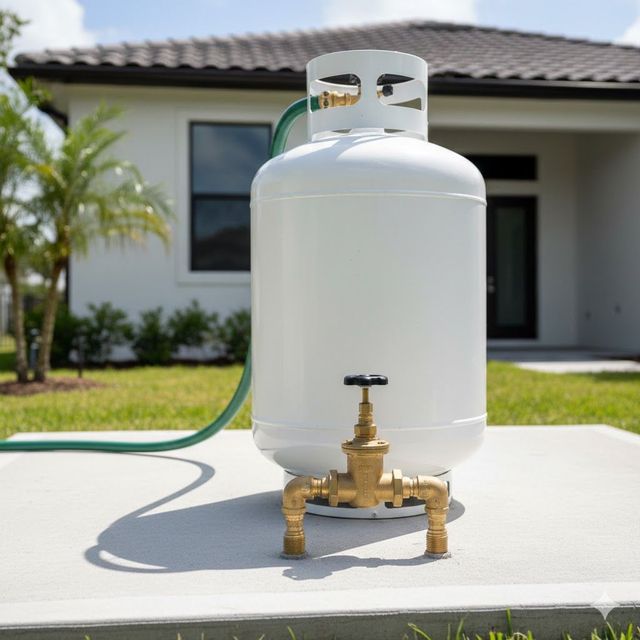 White propane tank with brass valve and green hose in a backyard.