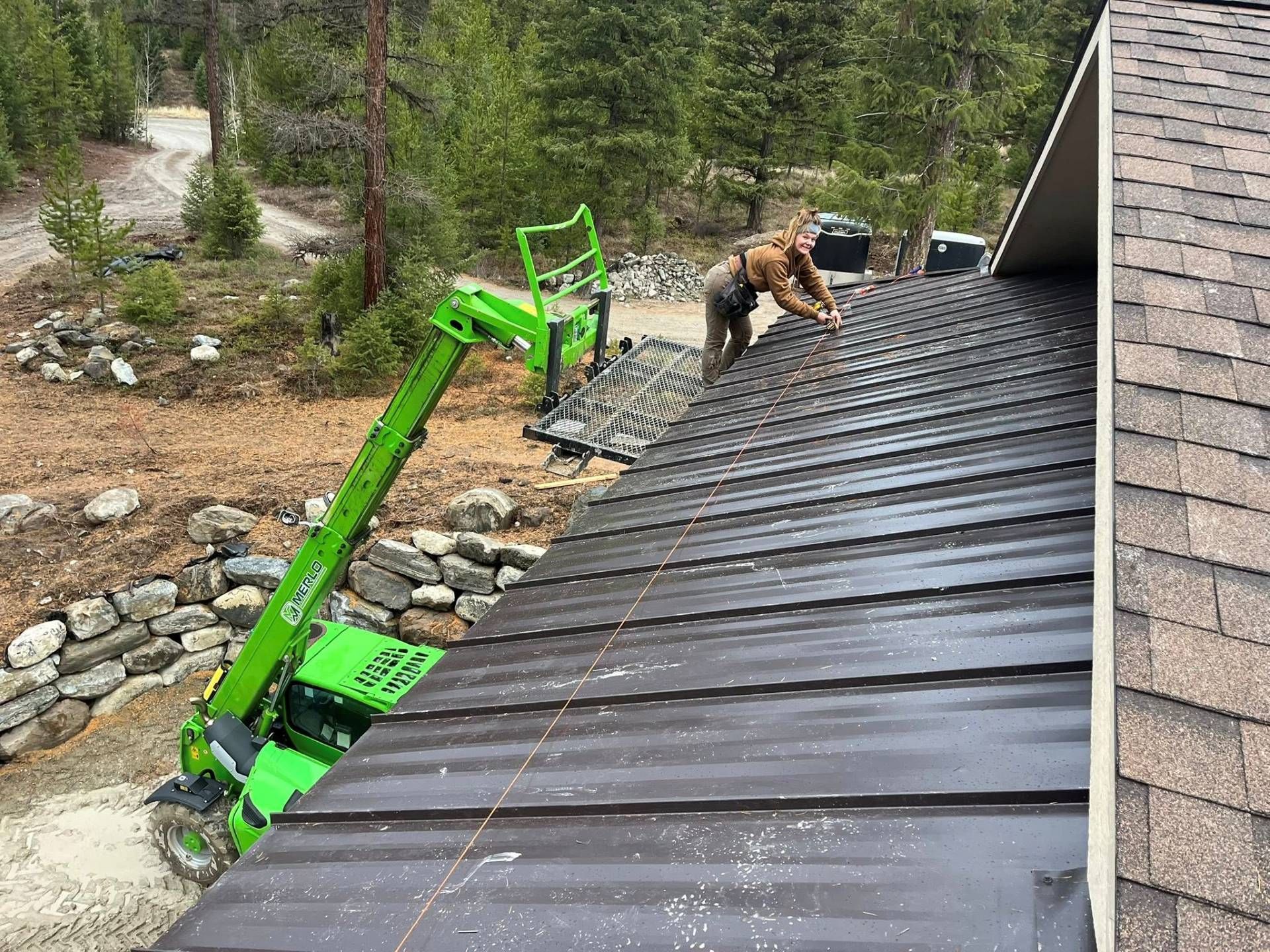 Green lift arm tipped into a house roof with a dog standing on the shingles near the top.