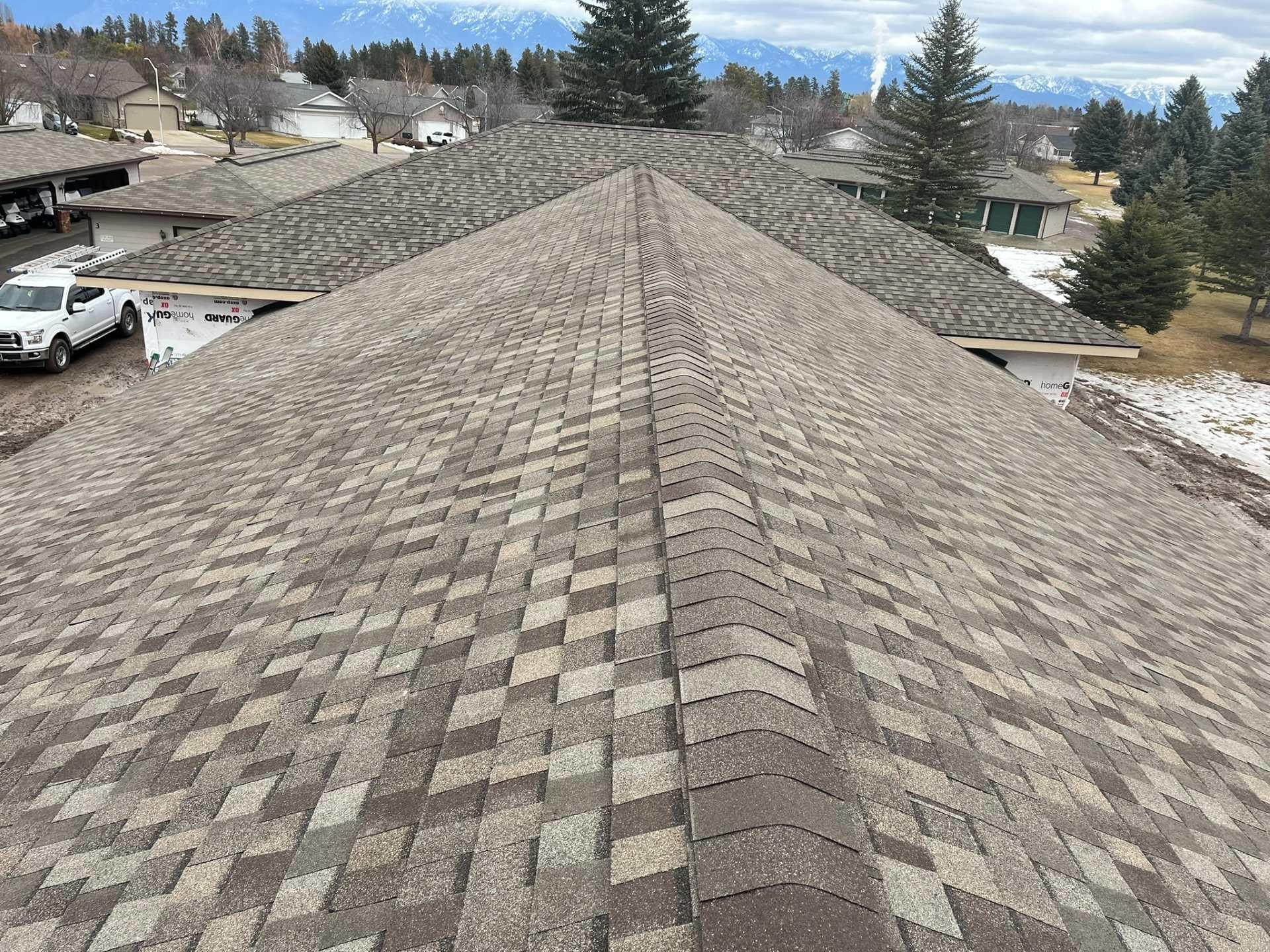 Shingled roof ridge viewed from above, with suburban houses and trees in the background.