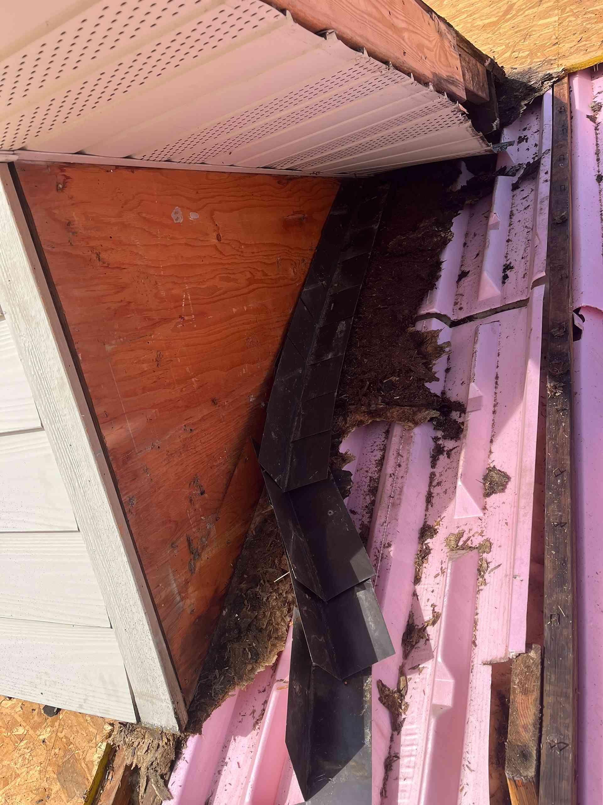 Fire-damaged wall and ceiling corner with charred debris and exposed pink insulation.