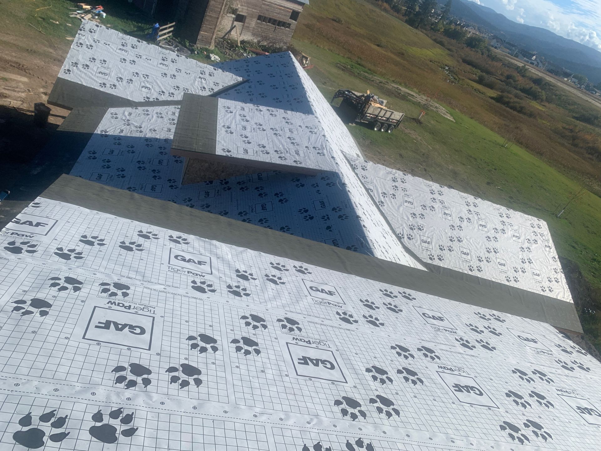 Solar-panel-covered rooftop on a hillside with several sheep grazing in the distance.