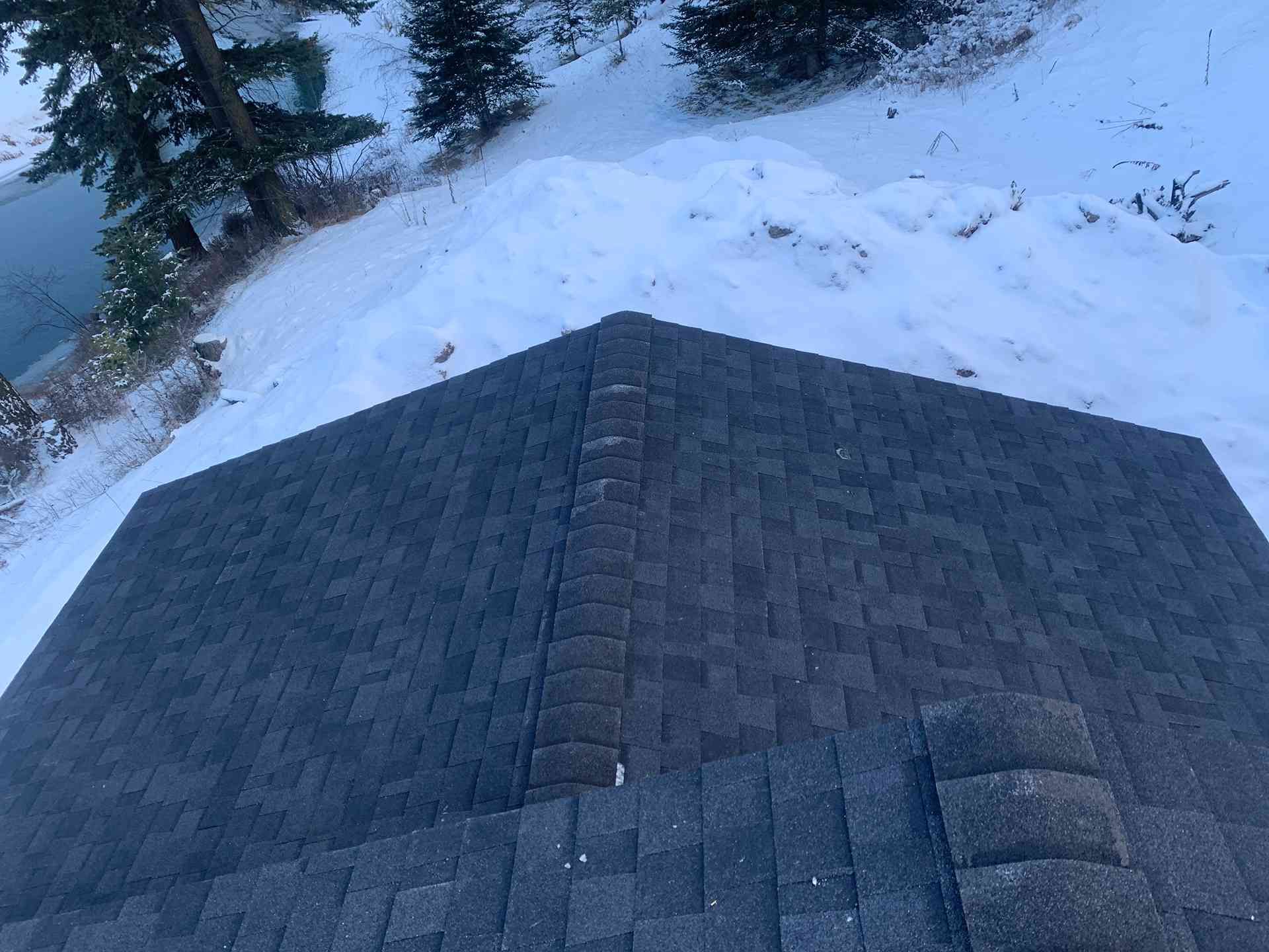 Snow-covered roof with dark shingles and trees in the background