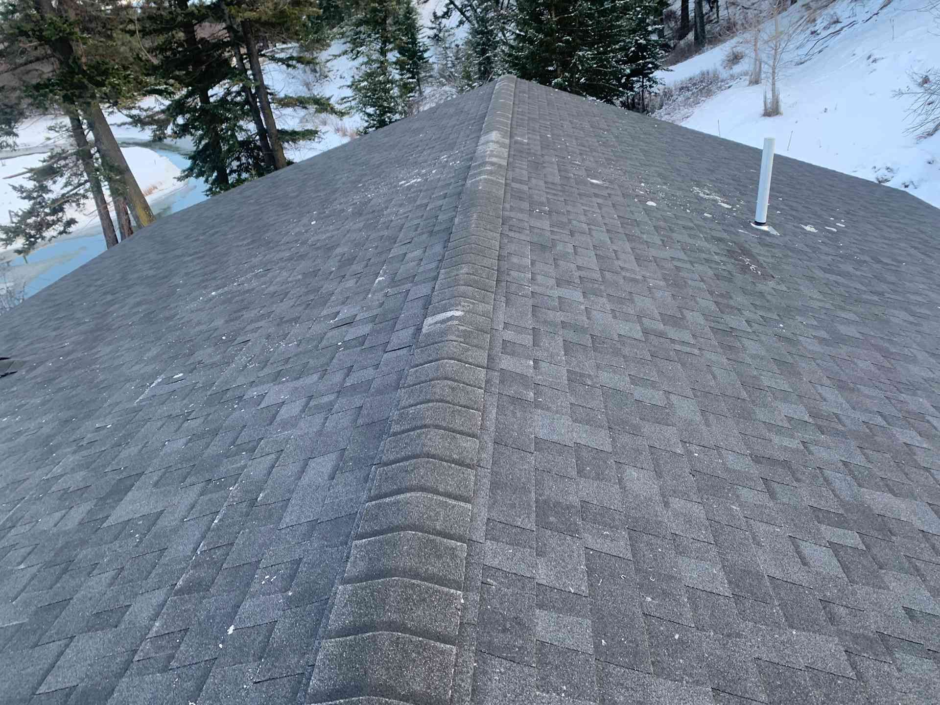 Snow-covered shingled roof with a vent pipe, viewed from above near trees