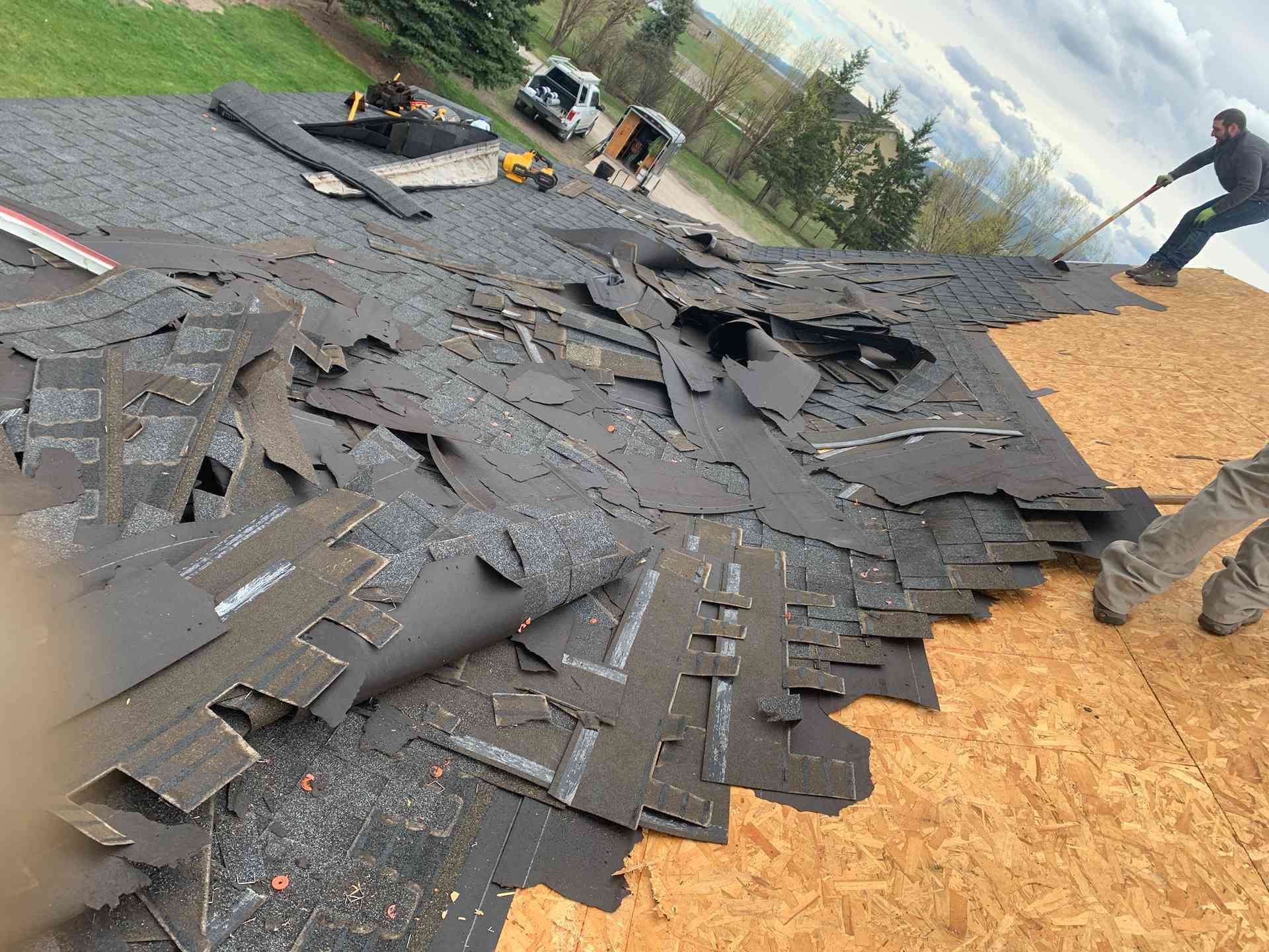 Workers removing damaged shingles from a roof, with torn black roofing piled on plywood decking.