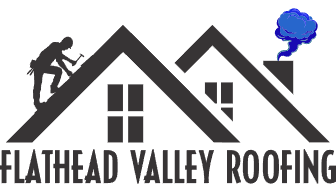 Flathead Valley Roofing logo with a roofer silhouette, house roof, and blue tree icon