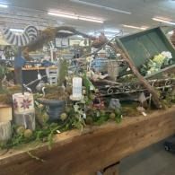 Rustic market display with plants, flowers, and vintage decor on a wooden table