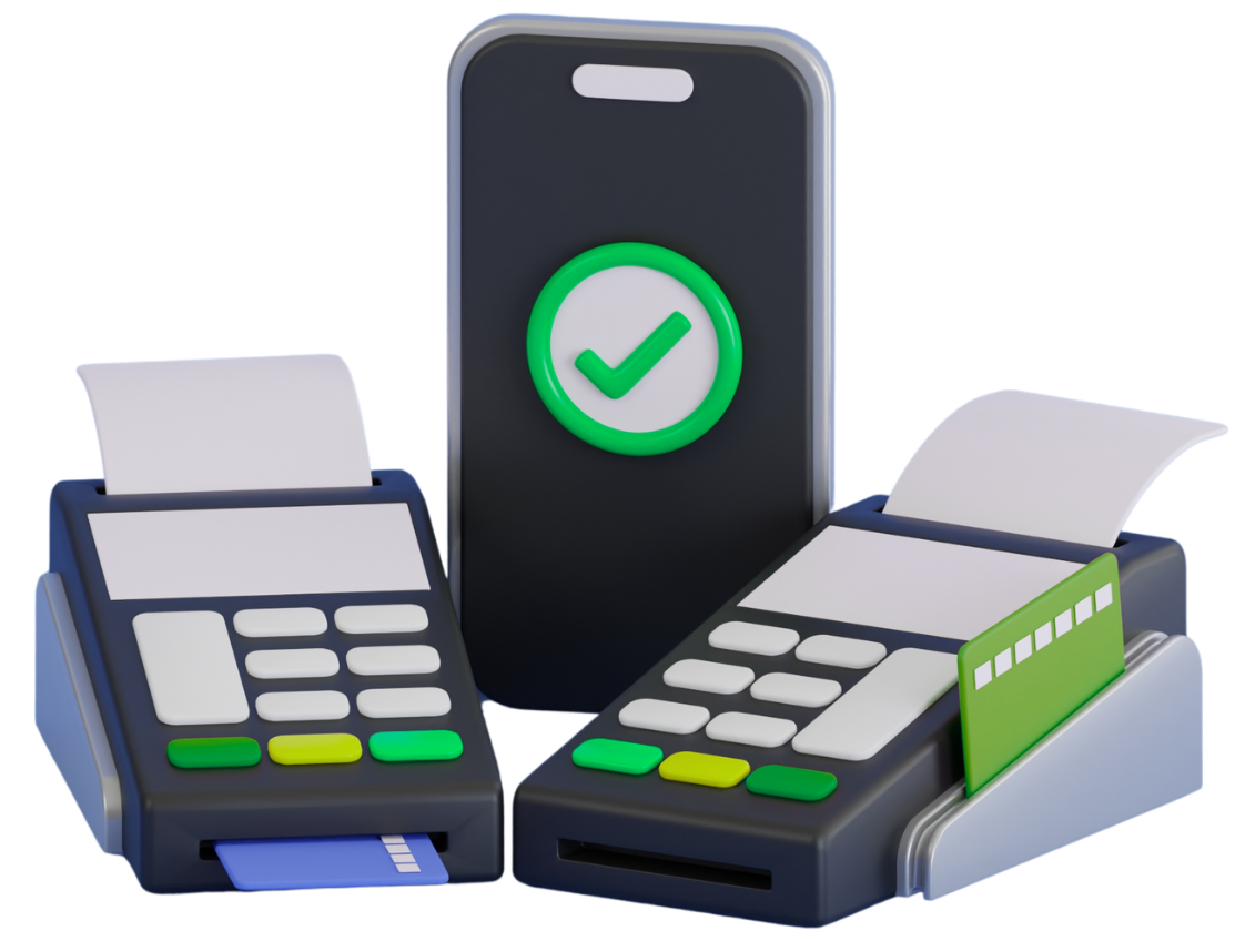 A 3D illustration of two point-of-sale card terminals and a smartphone displaying a green checkmark for payment success.
